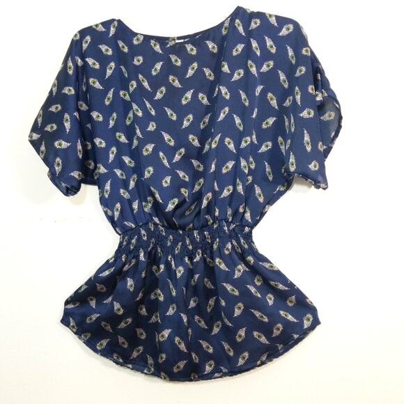 Bohemian peacock feather satiny smocked top S - Picture 5 of 8